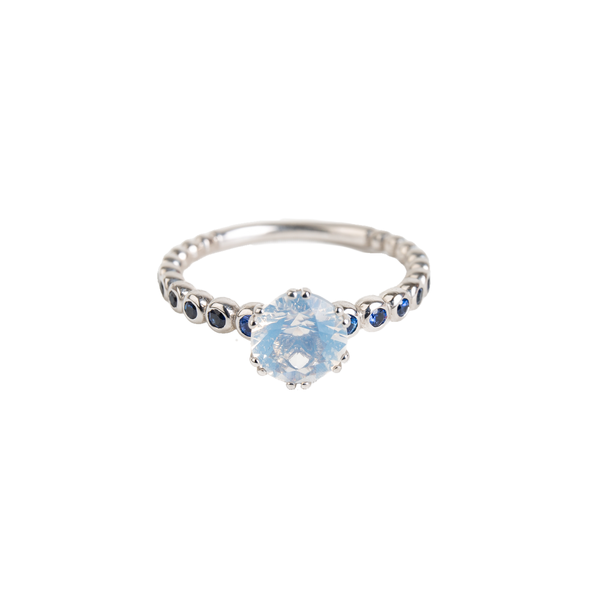 Prsten Bubbles Frozen - bílé zlato, modré safíry, slovenský opál