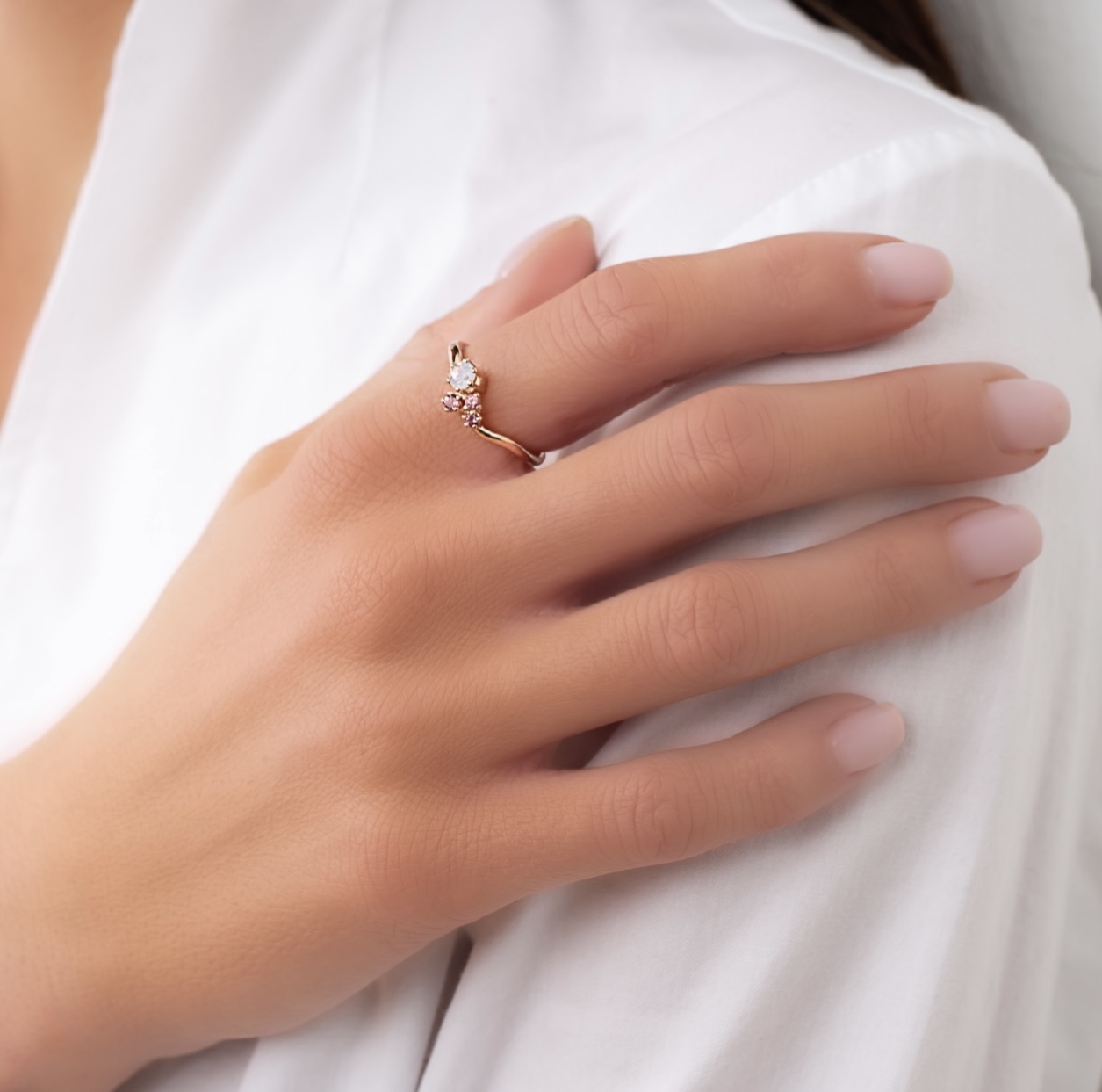 Prsten Symfonie - růžové zlato, turmalíny, slovenský opál