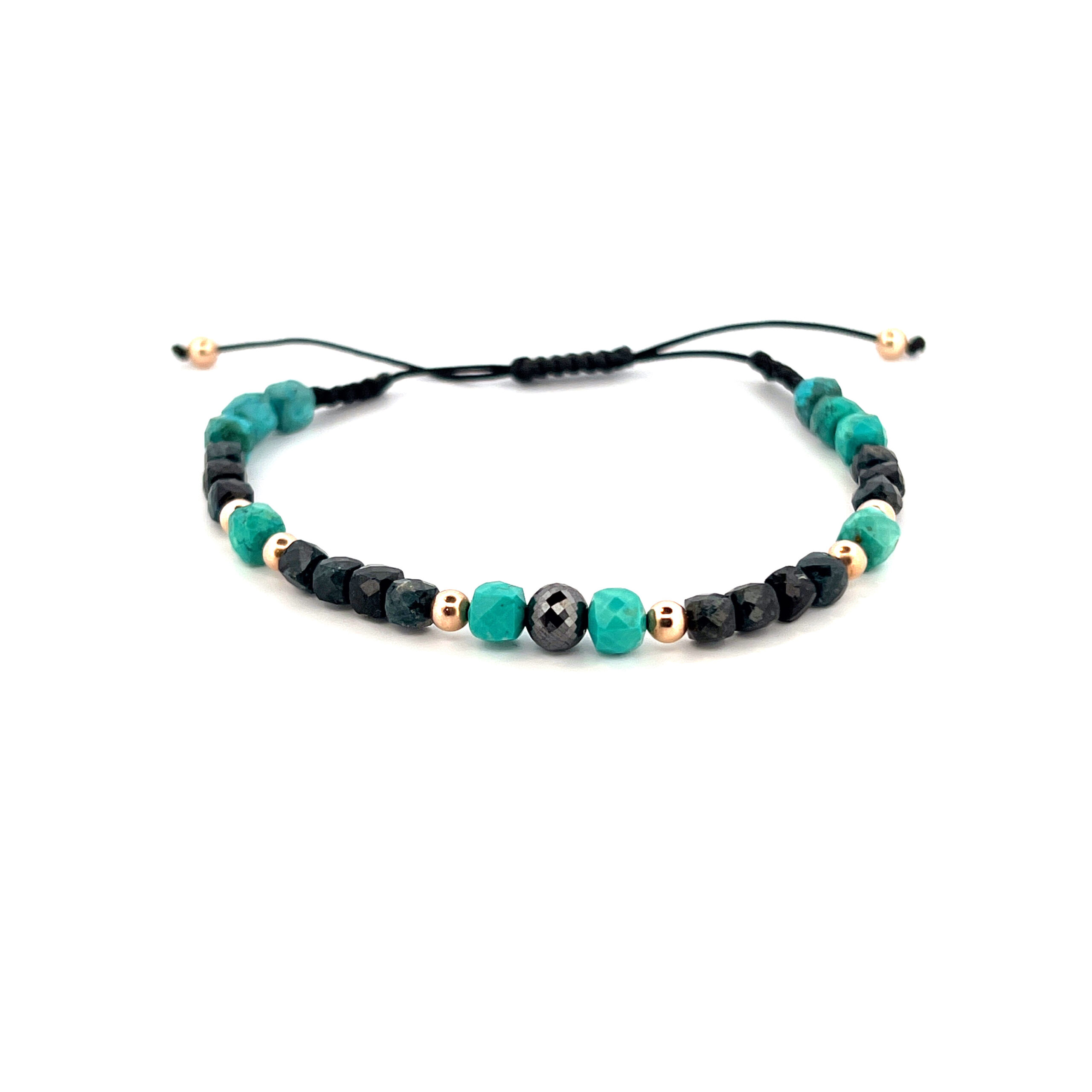 Shamballa s černým diamantem - růžové zlato, turmalín, tyrkys