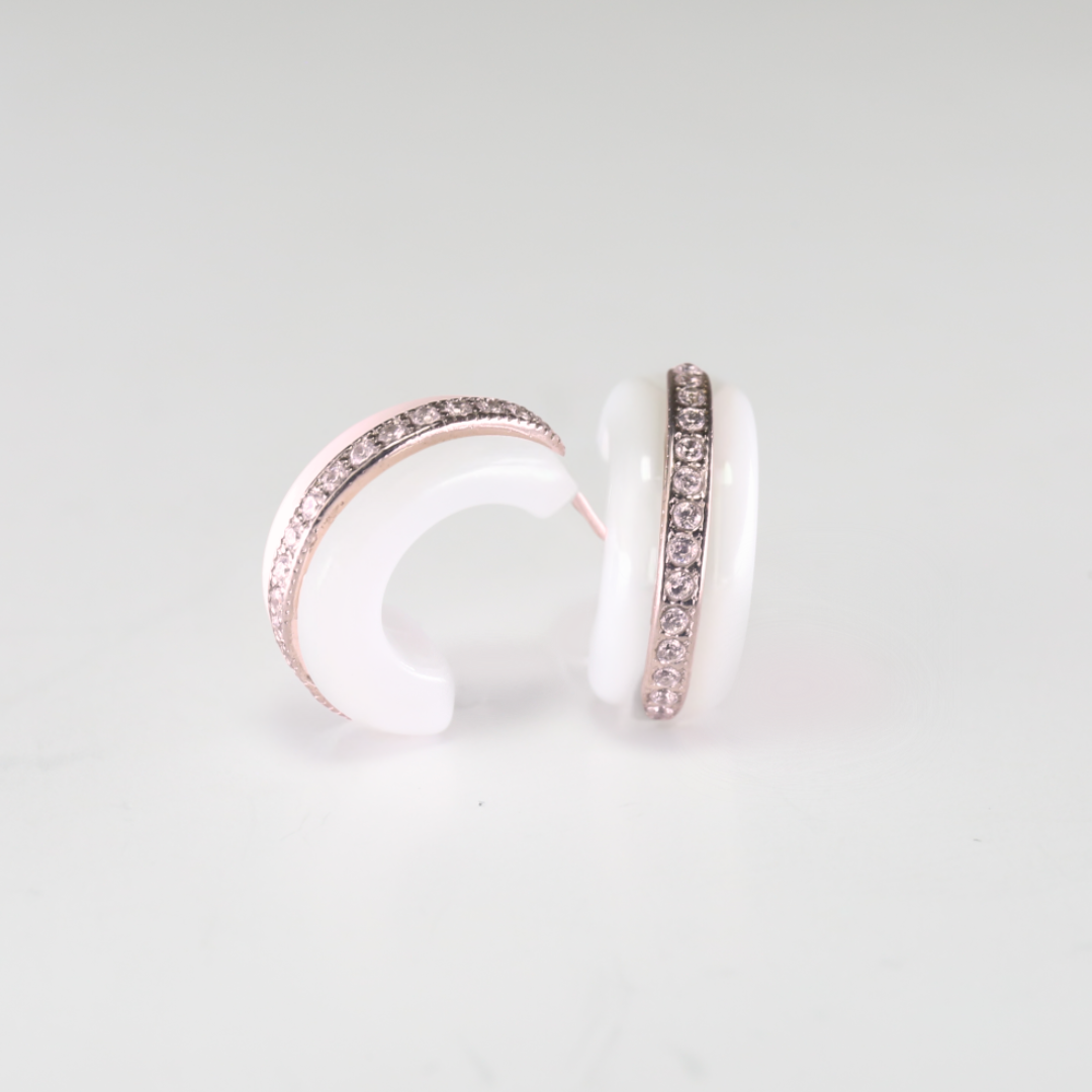 Náušnice bílá keramika - růžové zlato, diamanty