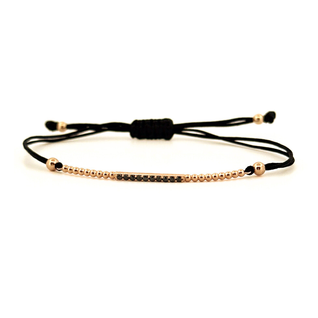 Náramek Ray na šňůrce - růžové zlato, černé diamanty